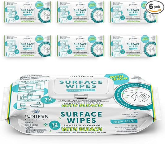 Juniper CLEAN 6 Pack Surface Cleaning Wipes with Bleach, All-Purpose Cleaner for Bathroom, Kitchen, Office, 72 Count Soft Flow, Fresh Scent, Lint Free & Durable