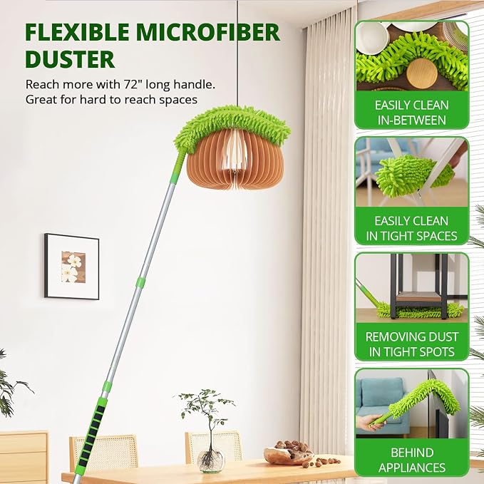 Ceiling Fan Cleaner Cobweb Duster with 6Ft/72'' Extension Pole High Ceiling Fan Blade Cleaning Tool Microfiber Duster Reusable Pads for Cleaning Ceiling Fan, Spider Web, Baseboard, Blind