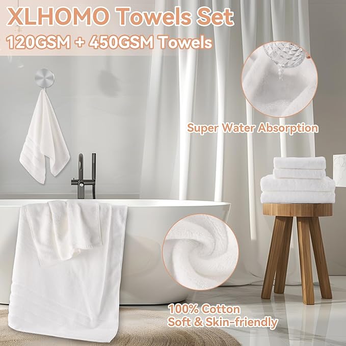 XLHOMO White Bathroom Accessories, 24 Pieces White Bathroom Accessories Set with Shower Curtain, Bath Towels, Trash Can, Soap Dispenser and Soap Dish for Bathroom/Housewarming