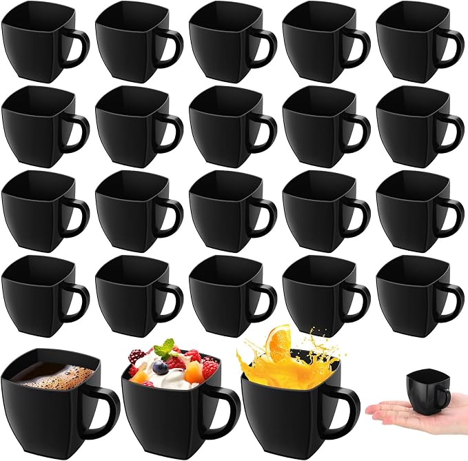 Amyhill 50 Pcs Mini Disposable Tea Cups with Handle, 2oz Hard Plastic Coffee Mug Bulk Plastic Square Disposable Espresso Cups for Wedding Tea Party Catering Dessert Sampling (Black)