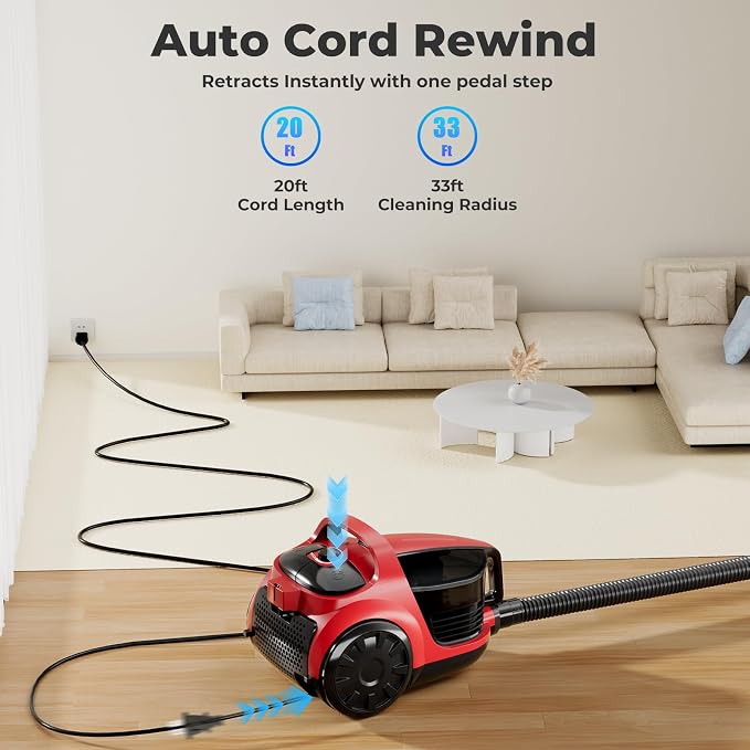 1600W Canister Vacuum Cleaner, Bagless Vacuum Cleaner with 45kPa Strong Suction, 4L Large Dust Cup, Variable Speed Control, 5 Tools, Lightweight Canister Vacuum for Home, Pet, Carpet, Hard Floor, Red