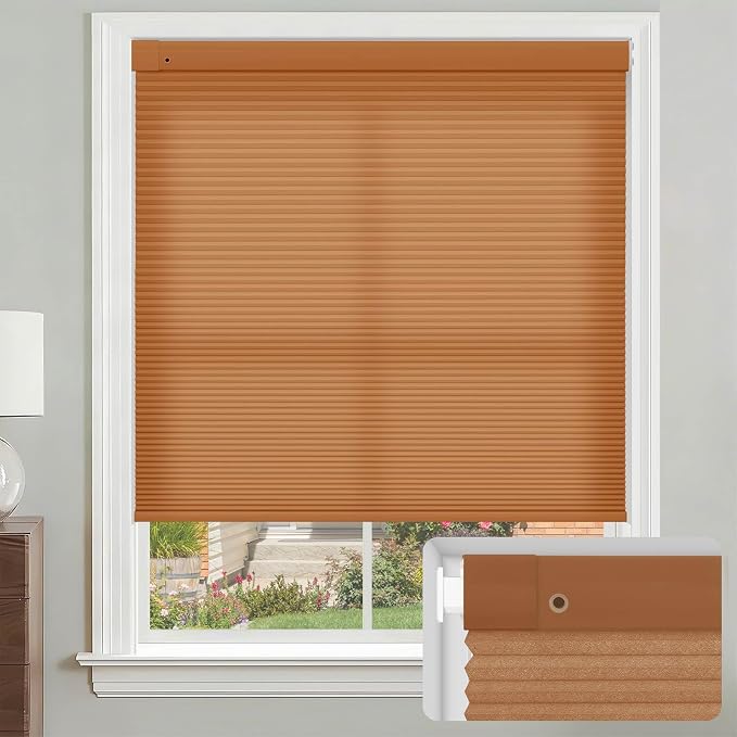 No Drill Cellular Shades, Dark Orange Custom Size Cordless Light Filtering Pull Down Pleated Honeycomb Blind Thermal Insulated Easy Install for Indoor Window Bedroom Living Room Kitchen Door