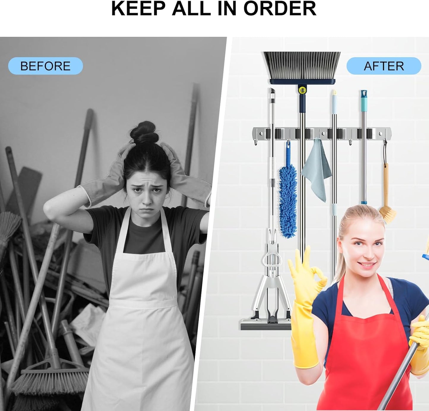 nacena Broom holder Wall Mount, 2-Pack Silver Stainless Steel Self-Adhesive Mop and Broom Hooks Heavy Duty Broom and Mop Storage Rack laundry room organization for Kitchen Garden garage