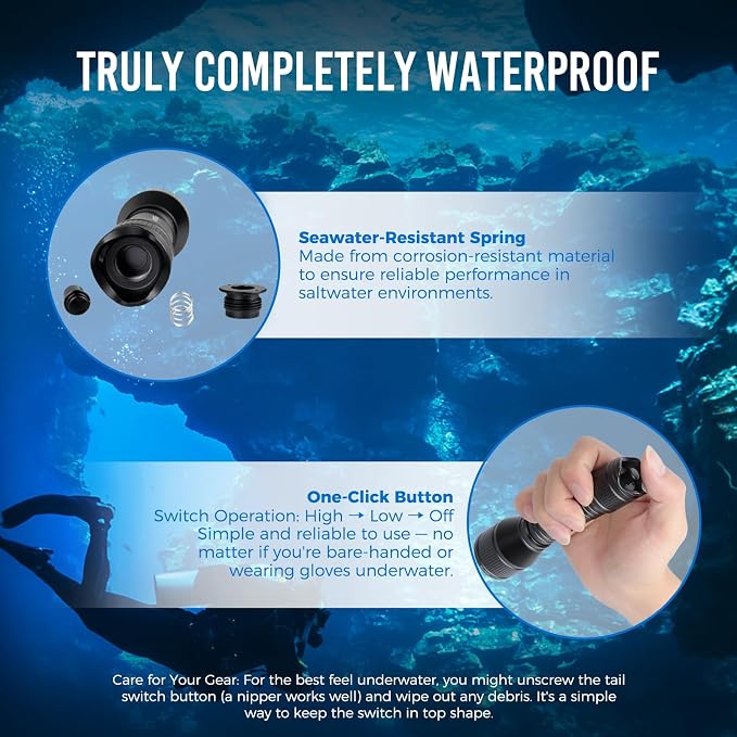 ORCATORCH D550 Scuba Dive Light 1000 Lumens Underwater Flashlight with 3 Modes, Tail Switch, IP68 Waterproof, Hands-Free Backup Dive Light with Wrist Strap