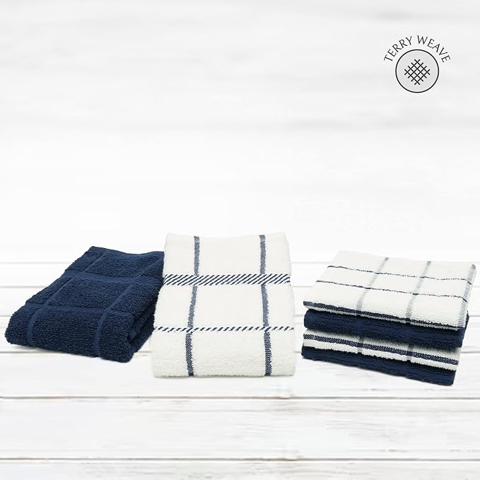 100% Cotton Terry Dish Cloth & Dish Towel, 6 Pack, Super Soft and Absorbent Kitchen Towels, Perfect for Kitchen Cleaning and Dish Washing (Navy Blue (DT and DC Combo))