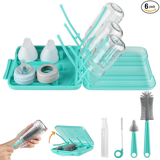 YomauiYee 6 in 1 Bottle Brush Set,Bottle Cleaner Brush Kit with Bottle Brush,Drying Rack,Nipple Brush,Straw Brush,Soap Dispenser&Storage Box,Portable Baby Essentials for Home&Travel