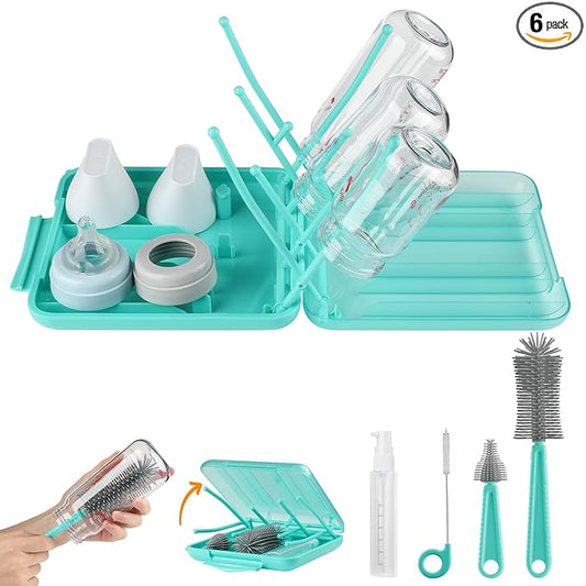 YomauiYee 6 in 1 Bottle Brush Set,Bottle Cleaner Brush Kit with Bottle Brush,Drying Rack,Nipple Brush,Straw Brush,Soap Dispenser&Storage Box,Portable Baby Essentials for Home&Travel