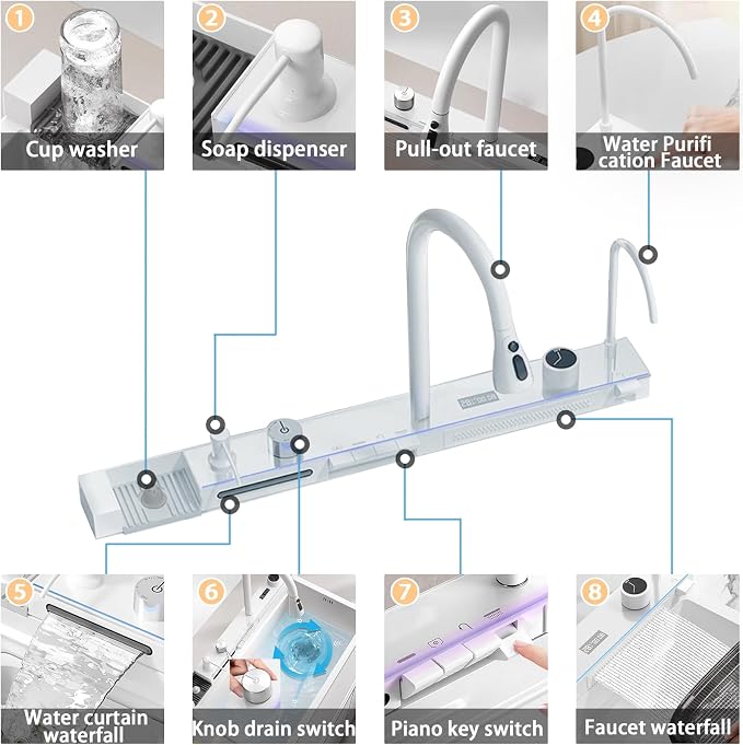 26.8 inch White Smart Digital Display Waterfall Sink, 304 Stainless Steel Modern Kitchen Sink with 5 Water Outlet Modes, Waterfall Pull-Out Faucet, Cup Washers and Accessory Set