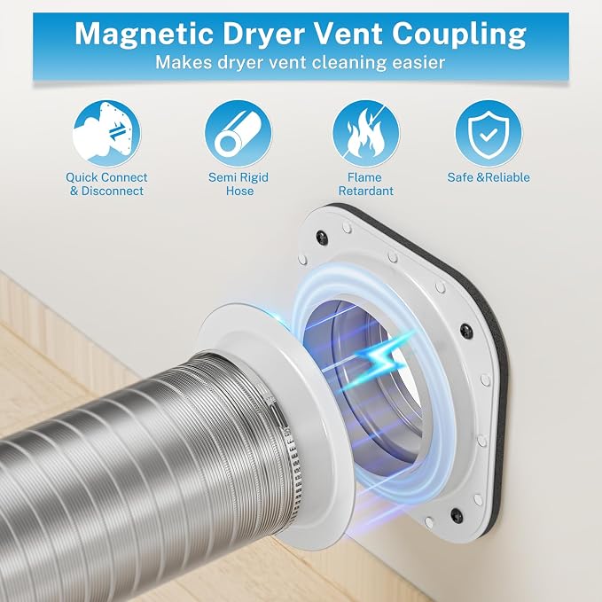 Hon&Guan Magnetic Dryer Vent Coupling Connector Kit DV180 with 4'' 2.6FT Semi Rigid Dryer Vent Hose for Tight Space & Aluminum Foil Tape,2 Clamps(White)