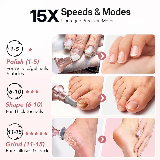 Litbear Electric Nail Drill File Set, 15 Speed Professional Thick Toenail Grinder, Cordless Pedicure Manicure Tool Callus Remover for Women Men Senior Hand Feet Care, Home Salon Use (White)