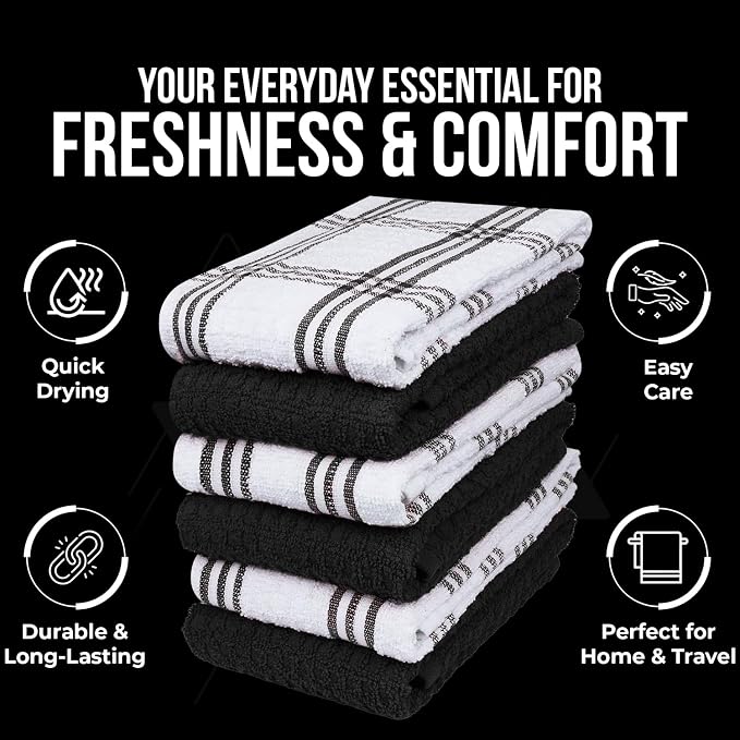 DAN RIVER Premium Black Kitchen Towels - [Pack of 6] 100% Cotton (16x 26 Inches) -Super Soft, Highly Absorbent Hand Towels, Quick Dry, Dish Towels, Tea and Bar Towels Set