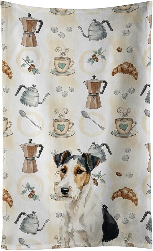 Caroline's Treasures Smooth Fox Terrier Coffee Bar Kitchen Towel Velour Plush Front and Cotton Loop Back Machine Washable