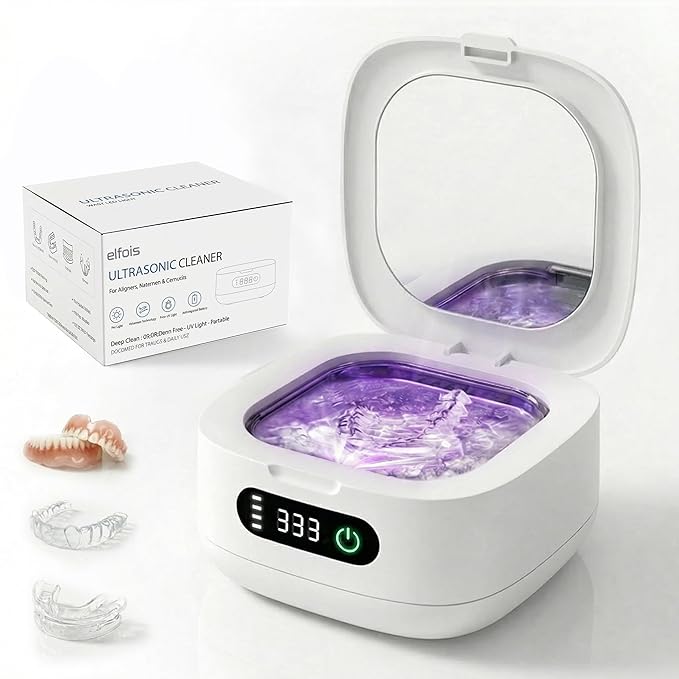 Portable Ultrasonic Retainer Cleaner with UV - Cordless Rechargeable Cleaner Machine for Invisalign, Aligners, Night Guards, Dentures | Travel-Ready with Built-in Mirror