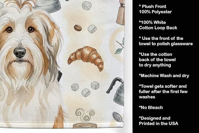 Caroline's Treasures White and Tan Bearded Collie Coffee Bar Kitchen Towel Velour Plush Front and Cotton Loop Back Machine Washable