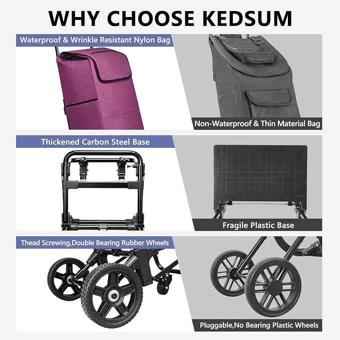 KEDSUM 3 in 1 Shopping Cart with Wheels, 60L/250LBS Multi Use Grocery Cart with 7" Big Wheels & Removable Waterproof Bag, Personal Shopping Carts for Groceries, Telescoping Handle & Thickened Steel
