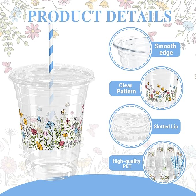 50 Sets Wildflower Plastic Cups with Lids Straws 12 oz Floral Disposable Cups Spring Flower Party Favor Drinking Beverage Cup for Baby Shower Birthday Party Supplies