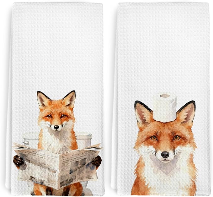 Funny Fox Hand Towels for Bathroom Washroom, Fox Lovers Gifts Themed Decorative Hand Towels Set of 2, Rustic Wild Animals Foxes Dish Tea Towels for Kitchen Farmhouse Decor, 16x24