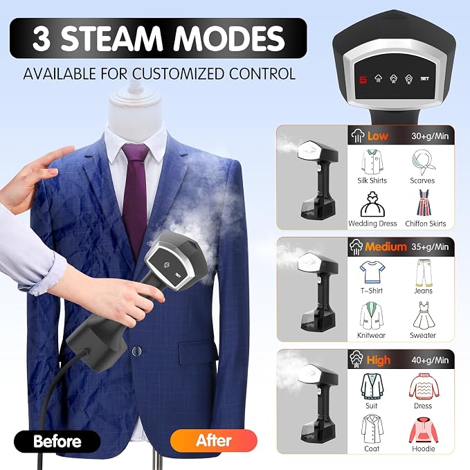 Handheld Garment Steamer for Clothes, 2000W, 10s Heat-Up, 350ml Tank | 40g/min steaming with 3 settings for delicate to heavy fabrics, Leak-Proof, Use for Travel, Home, Office, Wardrobe Care