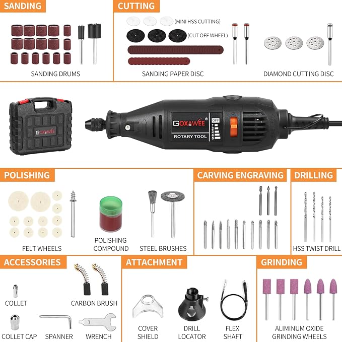 GOXAWEE Rotary Tool Kit with MultiPro Keyless Chuck and Flex Shaft -140pcs Accessories Variable Speed Electric Drill Set for Handmade Crafting Projects and DIY Creations