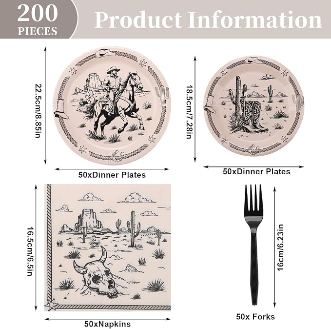 200PCS Cowboy Party Supplies Serve 50,Western Cowboy Rodeo Theme Party Paper Plates,Napkins,And Forks Kit for Birthday,Baby Shower Decorations