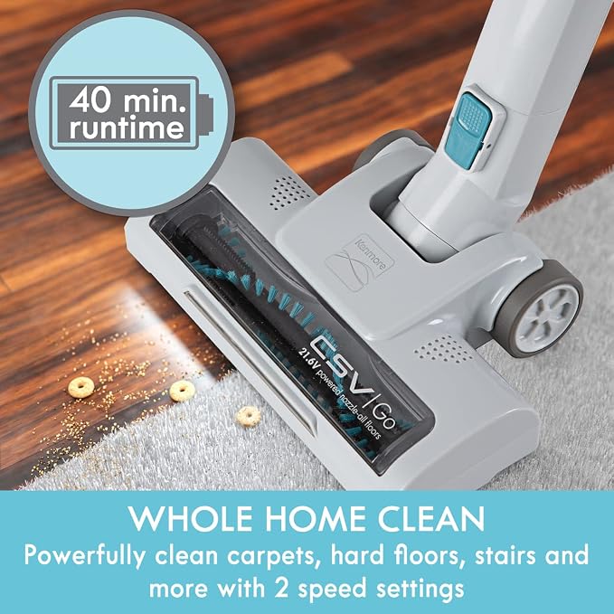 Kenmore DS4065 Cordless Stick Vacuum 1L Capacity Lightweight Cleaner 2-Speed Power Suction LED Headlight 2-in-1 Handheld for Hardwood Floor, Carpet & Dog Hair, Blue, DS4065 | 2-Speed Power Suction, LED Headlight, 2-in-1 Handheld, Hardwood Floor, Carpet...
