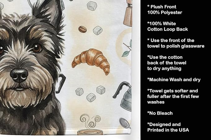 Caroline's Treasures Black Cairn Terrier Coffee Bar Kitchen Towel Velour Plush Front and Cotton Loop Back Machine Washable