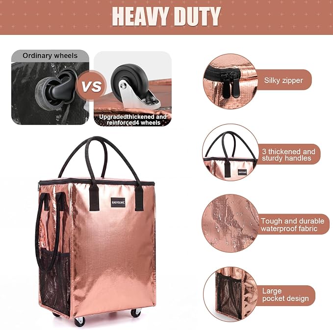 Reusable Hauler Rolling Tote Bag, Collapsible Portable Shopping Bag with Wheels for Groceries, Apartments Laundry, Organization,Heavy Duty Utility Tote Bag for Travel Moving, 75lbs, Rose Gold