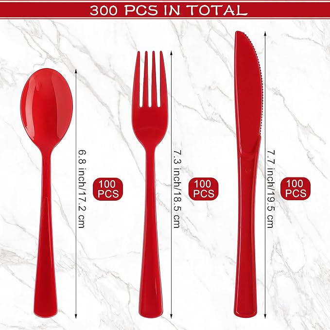 Kochorie 300 Pieces Graduation Red Plastic Silverware Heavy Duty Plastic Cutlery Set Heavyweight Disposable Flatware Includes Spoons Forks Knives for Party Prom Night Wedding Dinner