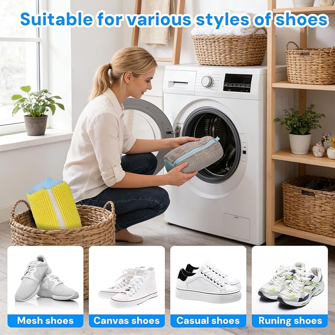 4 Pack Shoe Washing Machine Bags for Washer & Dryer, Reusable Chenille Laundry Shoe Bags with Zipper, Sneaker Wash Bag for Washing Machine, Protective Shoe Laundry Bags for All Shoe Types