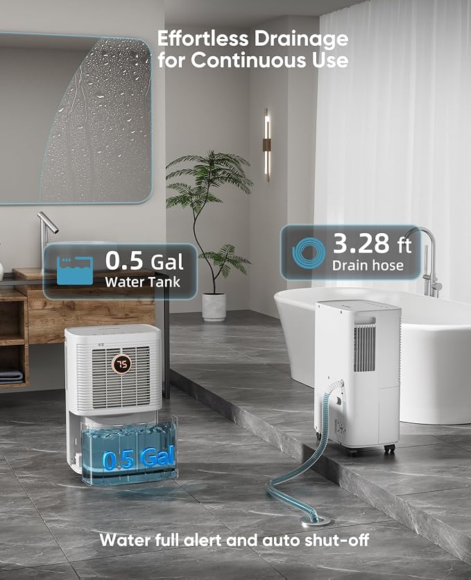Dehumidifier for Basement & Large Room, Color Humidity Ring Light, Quiet for Home & Bedroom, Drain Hose Included, 3 Modes, Auto Humidity Control (Off-White, 2500 Sq.Ft)