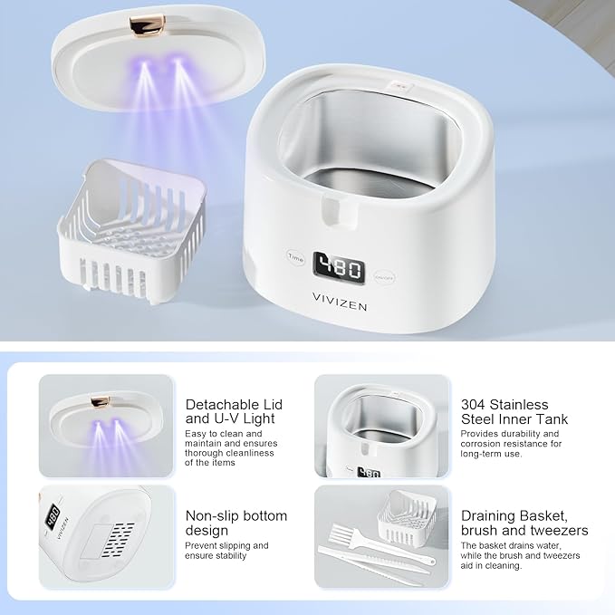Ultrasonic Retainer Cleaner, Sonic Dental Cleaning Pod, Portable 30W/45kHz Machine for Dentures, Aligners, Braces, Mouth Guards, Jewelry, for All Dental Appliances (White)