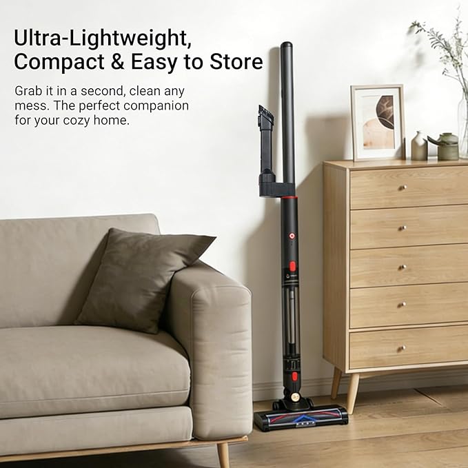 EZ SPARES Ultra-Light Handheld Stick Vacuum Cleaner,Featherweight Stick Cordless Vacuum,Lightweight Vacuum with Crevice Tool for Ceiling,Shelves,Corners,LED-Brushhead,Rechargeable(Pencil-Style,Grey)