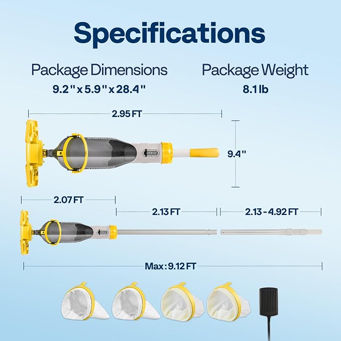 VIVOHOME Cordless Pool Vacuum with Telescopic & Extension Poles 9.12ft, 18.5 GPM Suction, 60-Min Run Time, Handheld Cleaner Rechargeable with Battery Indicator for Pools/Spas/Hot Tubs - Yellow