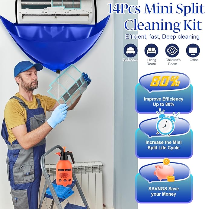 Large Size Mini Split Cleaning Kit, 14 Pcs Mini Split Cleaning Bag with 2L High Pressure Sprayer, Professional Ac Cleaning Kit Fit for Systems Lengths from 38" to 48"