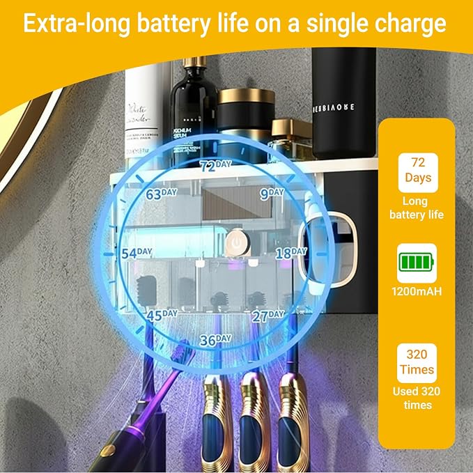 TOOVERA Toothbrush Cleaner and Holder with UVC Light & Automatic Toothpaste Dispenser, 5-Minute Cleaning, Large Capacity Battery with Solar/Wired Charging, Wall Mounted for Bathroom