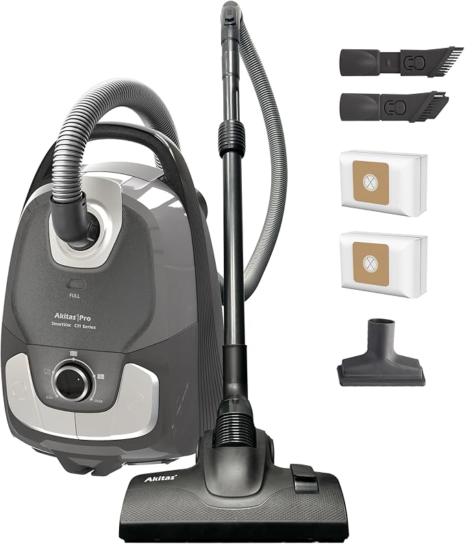 Akitas C11 Bagged Canister Vacuum Cleaner, Light Weight HEPA Filtration, 33ft Cleaning Radius with Retractable Cord, Ideal for Hard Floors & Low-Pile Carpet Extra Floor Brush