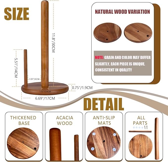 Paper Towel Holder Countertop, Acacia Wood Kitchen Roll Holder with Anti-Slip Weighted Base, Paper Towel Stand for Kitchen Bathroom Dining Table Organize