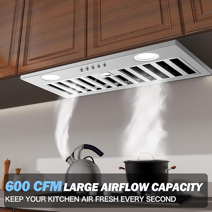 JOEAONZ Range Hood Insert 20 Inch 600 CFM Stainless Steel, Ducted/Ductless Convertible Ultra-Quiet Built-in Kitchen Exhaust Hood with Dishwasher-Safe Filter, 3-Speed & Dual LEDs Efficient Lighting