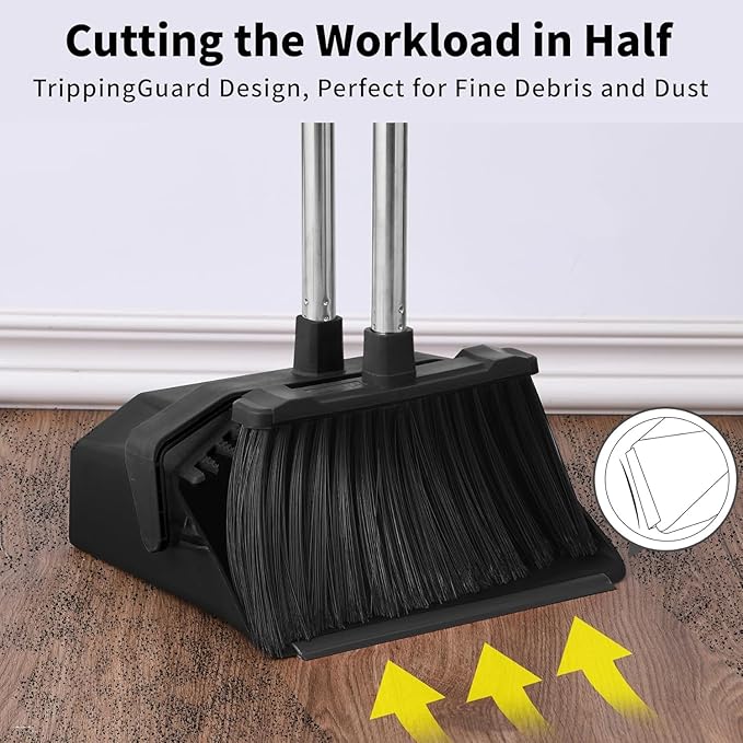 Tiumso Upgrade Broom with Dustpan Combo Set, Broom and Dustpan Set with 51'' Long Handle, Large Upright Brooms and Dust Pans, ZeroGap Lip, Self-Cleaning Dustpan Teeth for Lobby and Restaurant - Black