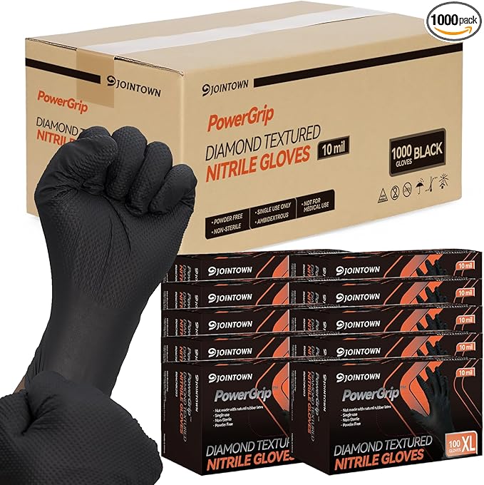 Jointown Upgraded 10 Mil Heavy Duty Nitrile Gloves, Mechanic Gloves Nitrile Disposable, with Raised Diamond Texture, Case of 1000, Black, XLarge