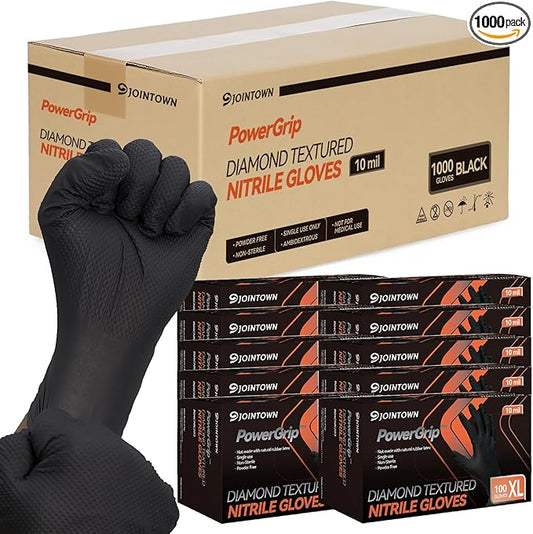 Jointown Upgraded 10 Mil Heavy Duty Nitrile Gloves, Mechanic Gloves Nitrile Disposable, with Raised Diamond Texture, Case of 1000, Black, XLarge