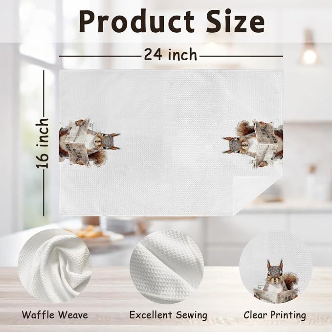 Funny Squirrel Hand Towels for Bathroom Washroom, Rustic Squirrels Decorative Hand Towels Set of 2, Cute Wild Animals Squirrel Dish Tea Towels for Kitchen Cabin Farmhouse Decor, 16x24 Inch