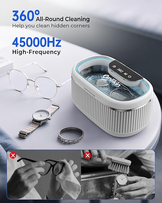 35W Ultrasonic Jewelry Cleaner, 45KHz Retainer Cleaner for Jewelry, 5 Timer & 3 Power Modes, Eyeglasses, Rings, Watch Strap, Dentures - 20oz, 304 Stainless Steel Tank, Quiet <38dB (White)