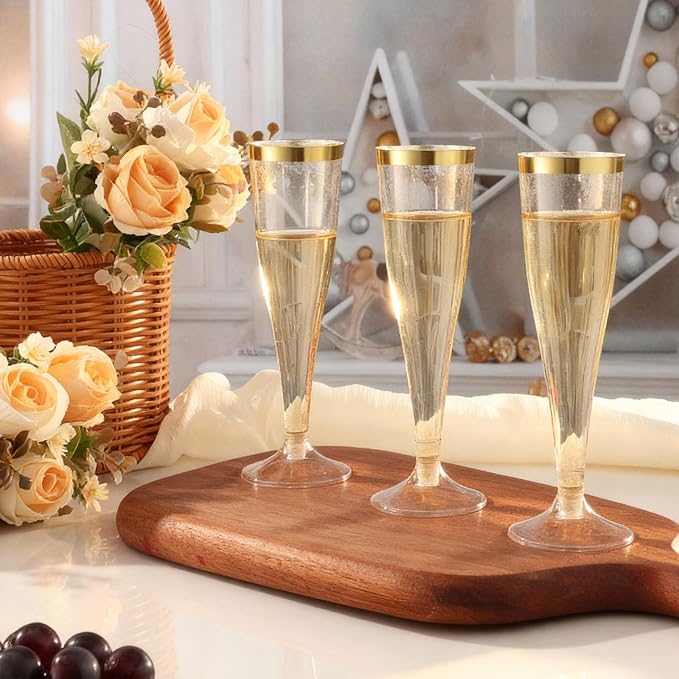 Bestluck 100 Pack Champagne Flutes Plastic, 4.5 oz Gold Glitter Plastic Disposable Stemware with Gold Rim, Disposable Champagne Flutes for Party, Mimosa Bar, Wedding, Anniversary and Graduation
