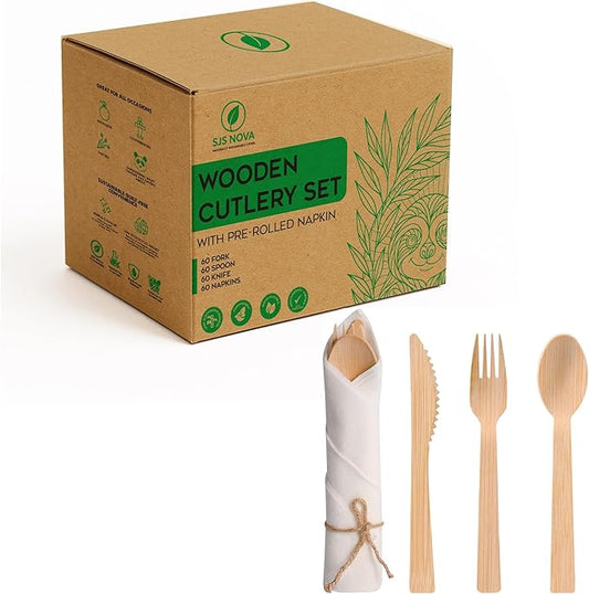 Premium Pre-Rolled Napkin and Bamboo Cutlery Set (60 Pack, 240 PCS) 100% Biodegradable, Eco-Friendly, Disposable Wrapped Cutlery-Includes Pre-Wrapped Bamboo Forks, Knives, Spoons, & Napkins