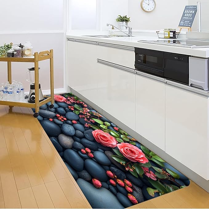 WODEJIA Non Slip Bath Rugs Sponge Foam for Bathroom,Flannel Mat Rug for Living Room, Absorbent MatS for Forlaundry Room and Kitchen,Cobblestone Red Flowers Welcome Mat 47x18 Inches