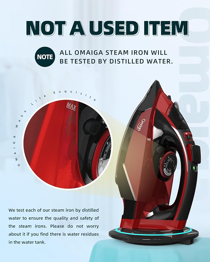 OMAIGA Cordless Iron for Clothes, 1500W Wireless Steam Iron with Ceramic Soleplate, 360 Degree Power Base, Auto Shut Off, Self-Clean, Anti-Calc, 3 Temperature Settings, 11.84oz Water Tank, Red