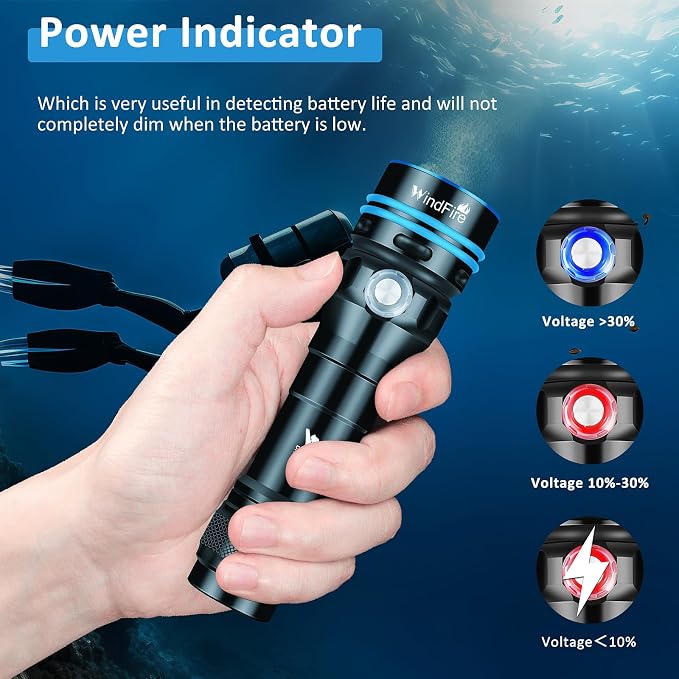 WINDFIRE Scuba Diving Flashlight - Super Bright LED Dive Light, IPX8 Waterproof 50 m Underwater Torch with 4 Modes & Narrow Focus Beam for Night Diving & Snorkeling