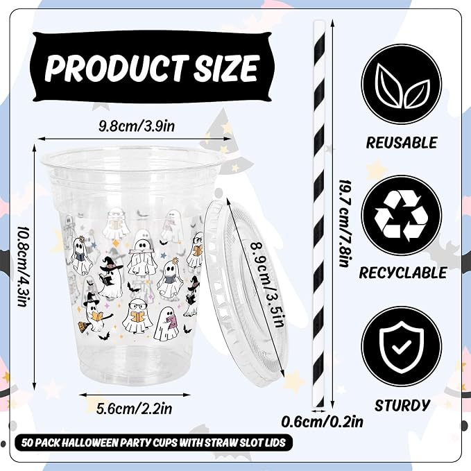 Whaline 50 Pcs Halloween Disposable Plastic Cups with Lids and Straws Spooky Reading Book Ghost Theme Cold Beverage Drinking Cups for Trick or Treat Birthday Party Supplies