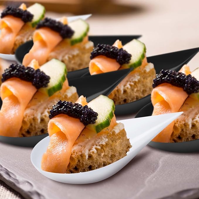 Tessco for you 400 Pcs 4'' Tear Drop Mini Appetizer Plates, Reusable Plastic Spoons - Desserts and Appetizers Dishes Serving Plate, Small Catering Dessert Tasting Cups for Party Wedding(Black, White)